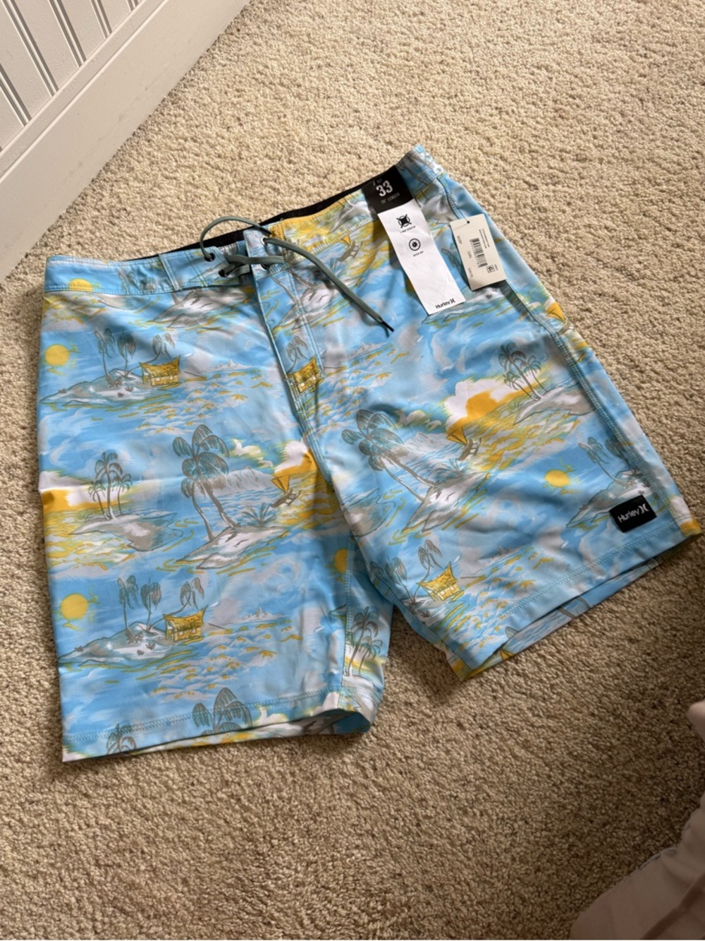 Hurley Men’s Blue Tropical Island Swim Shorts with Yellow Accents